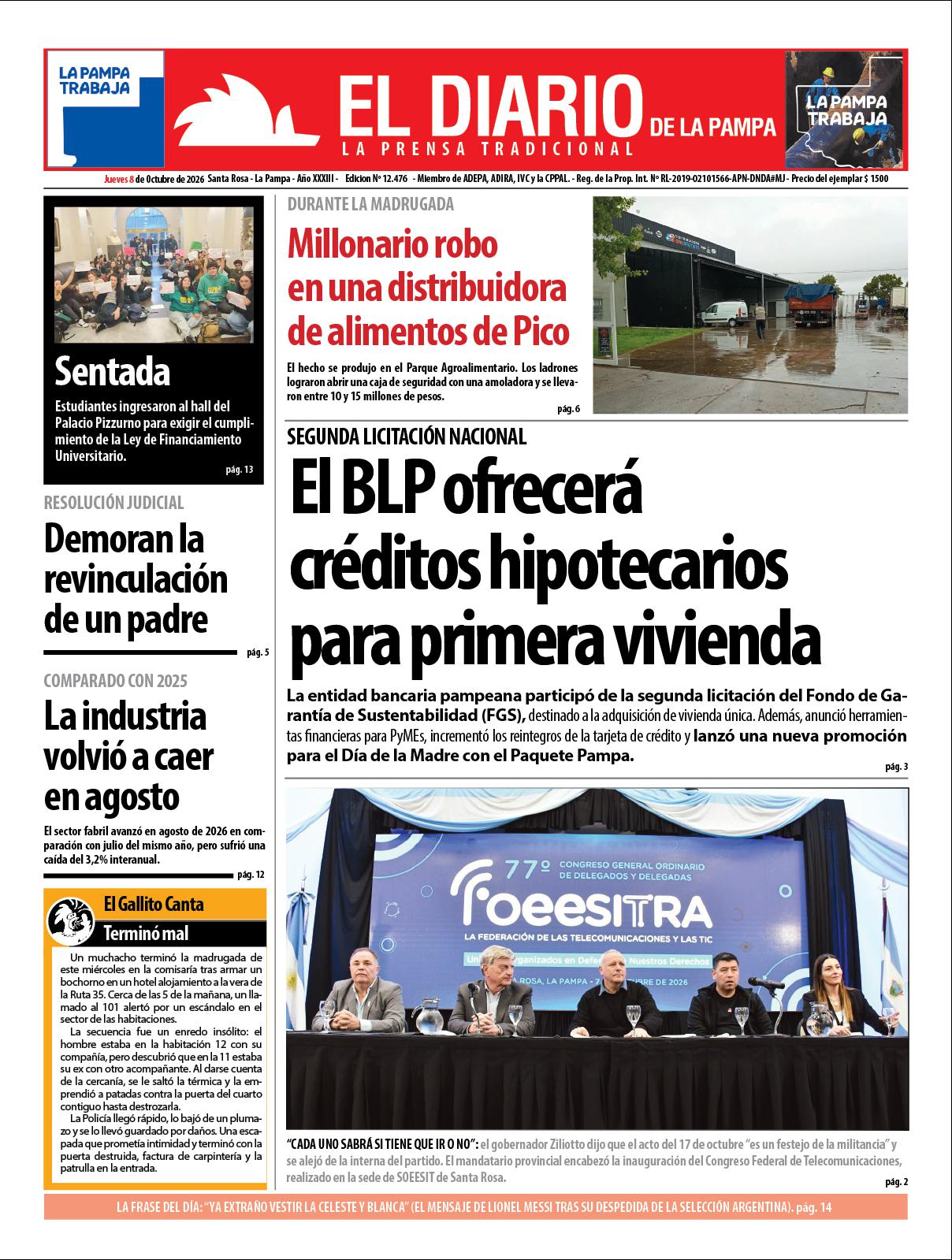 Tapa de El Diario en papel  jueves 08 de octubre de 2026